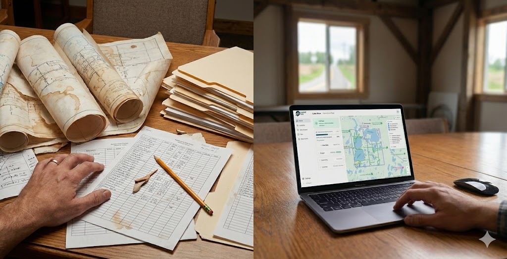 Traditional paper records and blueprints contrasted with modern digital mapping software for township roads